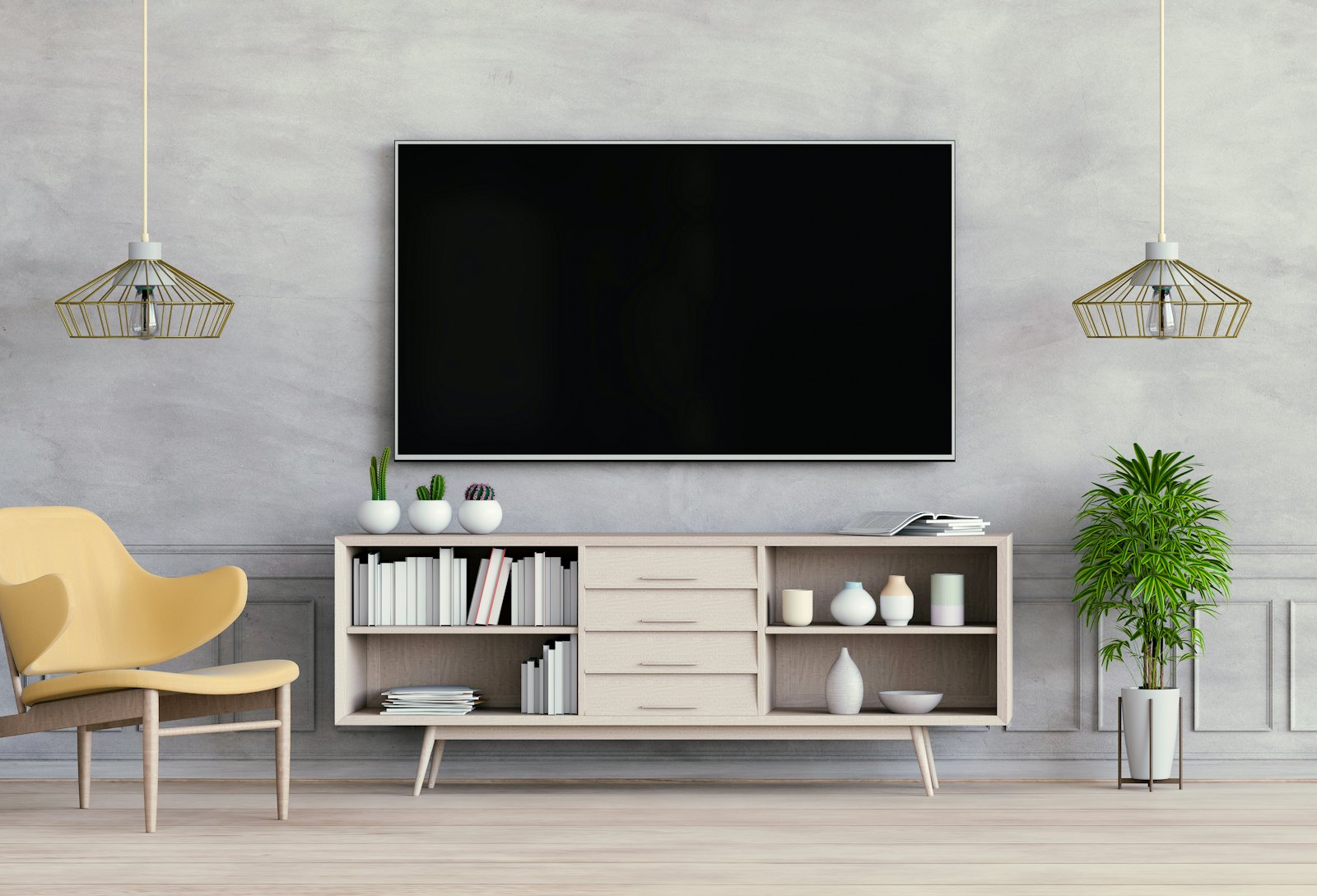 Wohnzimmer mit Fernseher an der Wand und Regalen daneben